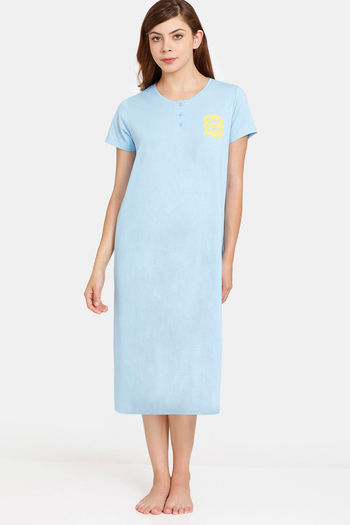 Buy Rosaline Geo Blooms Knit Cotton Mid Length Nightdress - Airy Blue
